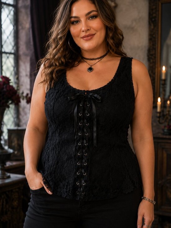unknown Tops - Black Lace Corset Tank Top 22W Lace Up Bustier Stretch Goth Y2K Whimsigoth